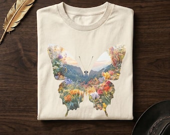 Comfort Colors® Mountain Meadow Butterfly Tee | Nature Landscape Shirt | Floral Art | Gift for Her
