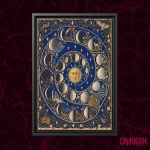 Peut inclure: Une impression rectangulaire encadrée présentant un soleil doré central entouré d'une spirale de phases lunaires sur un fond bleu profond. La bordure est ornée d'illustrations complexes d'animaux, de plantes et de motifs saisonniers.
