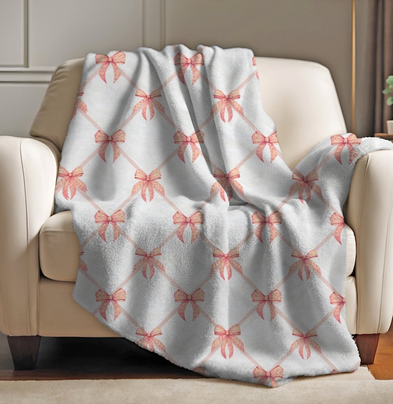 Bow Throw Rug Personalized Vintage Pink Ribbon and Bow Pattern Blanket,inspired Home ...