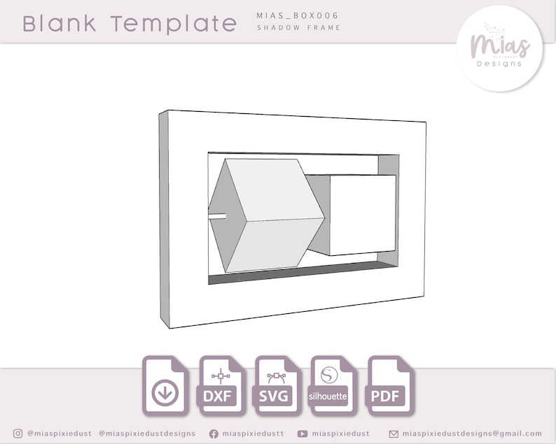 K&ouml;nnte beinhalten: Eine Schwarzwei&szlig;-Zeichnung einer Schattenbox-Vorlage mit einem Quadrat und einem W&uuml;rfel darin. Die Vorlage ist mit "MIAS_BOX006 SHADOW FRAME" beschriftet. Das Bild enth&auml;lt auch Symbole f&uuml;r die Dateiformate DXF, SVG, Silhouette und PDF.