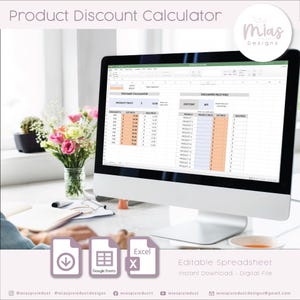 May include: A computer screen displaying an Excel spreadsheet with the title "Product Discount Calculator". The spreadsheet has two tables, one for calculating discounts and the other for discounted prices. The spreadsheet is editable and can be downloaded as a digital file.