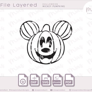 May include: Black and white line art illustration of a Mickey Mouse pumpkin. The pumpkin has a wide grin and Mickey Mouse ears. The text "File Layered" and "HALLOWEEN MICKEY PUMPKING" is at the top of the image.