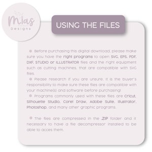 K&ouml;nnte beinhalten: Ein wei&szlig;er Hintergrund mit einem violetten Rechteck oben, auf dem "USING THE FILES" steht. Der Text darunter erkl&auml;rt, dass Sie die richtigen Programme ben&ouml;tigen, um die Dateien zu &ouml;ffnen, wie z. B. SVG, EPS, PDF, DXF, STUDIO oder ILLUSTRATOR. Au&szlig;erdem wird erw&auml;hnt, dass Sie die richtige Ausr&uuml;stung ben&ouml;tigen, wie z. B. Schneidemaschinen, die mit SVG-Dateien kompatibel sind. Der Text besagt auch, dass die Dateien in einem .ZIP-Ordner komprimiert sind und Sie einen Dateientpacker ben&ouml;tigen, um sie zu &ouml;ffnen.