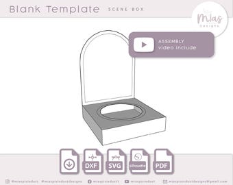 May include: A line drawing of a blank scene box template with a rounded top and a circular base. The text "Blank Template" and "SCENE BOX" are at the top. The text "ASSEMBLY video include" is in a purple rectangle. Below are file type icons.