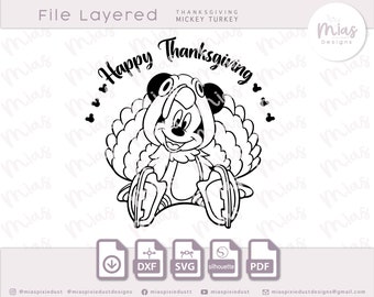 May include: Black and white line art illustration of Mickey Mouse dressed as a turkey. The illustration includes the text "Happy Thanksgiving".