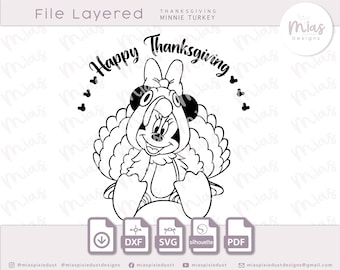 May include: Black and white line art of Minnie Mouse dressed as a turkey, with the words "Happy Thanksgiving" above her. Includes file type icons for DXF, SVG, Silhouette, and PDF. The design is from Mias Designs.