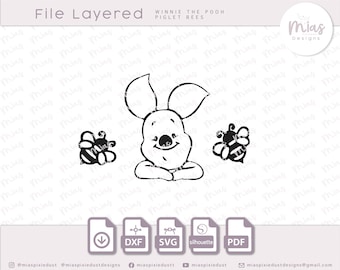May include: Black and white digital file of Winnie the Pooh Piglet with two bees. The file is available in DXF, SVG, Silhouette and PDF formats.