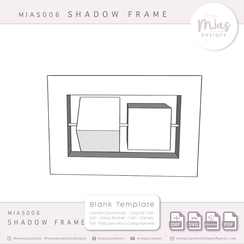 K&ouml;nnte beinhalten: Ein Schwarzwei&szlig;-Digitaler Download einer Schattenrahmenvorlage zum Basteln. Die Vorlage enth&auml;lt zwei rechteckige K&auml;stchen mit einem Schattensffekt. Der Text "MIAS006 SHADOW FRAME" befindet sich oben im Bild. Der Text "Blank Template" befindet sich unten im Bild. Der Text "Instant Download - Digital File SVG - Cricut Brother / DXF - Cameo PDF Files [use without cutting machine]" befindet sich unter dem Text "Blank Template". Der Text "DXF SVG silhouette PDF" befindet sich unten rechts im Bild.