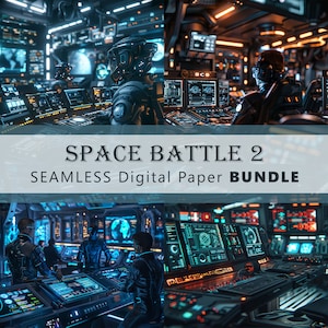 Può includere: Un pacchetto di carta digitale con quattro immagini di un ponte di una nave spaziale futuristica. Le immagini presentano uno schema di colori blu e arancio con schermi luminosi e pannelli di controllo. Il testo "SPACE BATTLE 2 SEAMLESS Digital Paper BUNDLE" è visualizzato al centro dell'immagine.