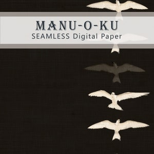 May include: Seamless digital paper featuring a repeating pattern of white birds flying against a black background. The text "MANU-O-KU" is displayed at the top of the image.