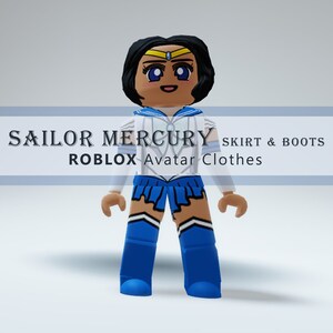 Könnte beinhalten: Ein blaues und weißes Sailor Mercury Rock und Stiefel Outfit für einen Roblox Avatar. Das Outfit verfügt über einen weißen Matrosenkragen, einen blauen Rock mit weißen Sternen und blaue Stiefel mit weißen Sternen.