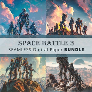 May include: A digital paper bundle featuring four different images of futuristic soldiers in a space battle setting. The images are seamless and can be used for various creative projects.