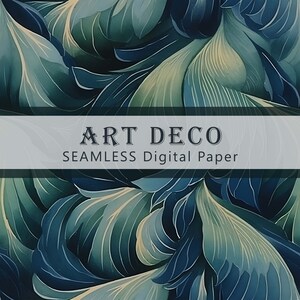 May include: Seamless digital paper featuring an Art Deco design with overlapping teal and blue stylized leaves.