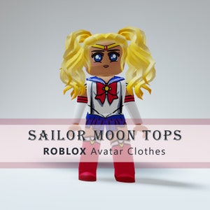 以下が含まれることがあります： セーラー・ムーンをモチーフにした衣装を着たRobloxのアバター。アバターは金髪のツインテール、赤いリボンが付いた白いトップス、青いスカートを着用しています。アバターの下には「SAILOR MOON TOPS ROBLOX Avatar Clothes」というテキストが表示されています。