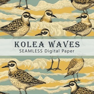 May include: Seamless digital paper pattern featuring a repeating design of stylized brown and white birds with yellow and blue wave-like patterns in the background. The text "KOLEA WAVES" is centered in the middle of the pattern.