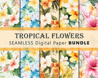 Tropical Flowers Digital Paper - SEAMLESS - 5 Designs - 3600 x 3600 pixels (37.5 in x 37.5 in)  - Commercial Use