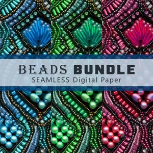 May include: A digital paper pack with a seamless pattern of colorful beads. The pattern features a variety of colors, including blue, green, pink, and gold. The text "BEADS BUNDLE SEAMLESS Digital Paper" is displayed on the image.