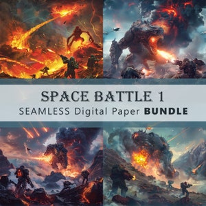 May include: A digital paper pack with four seamless patterns featuring a futuristic space battle scene with soldiers, spaceships, and monsters. The patterns are in shades of red, orange, yellow, and black.