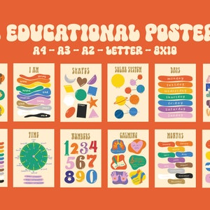 CONJUNTO EDUCATIVO (Impresiones digitales), conjunto completo de 12 carteles, Arte de pared para aprender a los niños Diversión Retro Números coloridos Letras Sentimientos espaciales Clima
