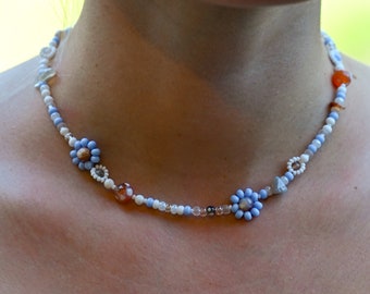 Beaded Agate Flower Choker