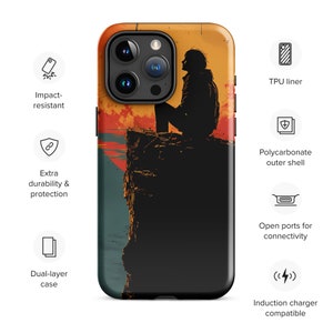 May include: A dual-layer phone case with a silhouette of a person sitting on a cliff overlooking a sunset. The case is made of a durable polycarbonate outer shell and a TPU liner. It is compatible with wireless charging.