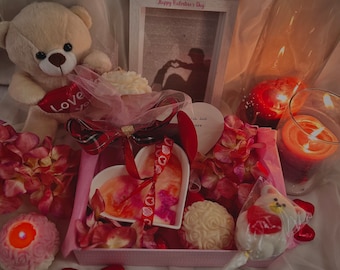 Valentines day, Love in a box, Valentines gift box, Heart candle, Rose candle bouquet, Valentines gift for her, Teddy Bear, Rose bouquet