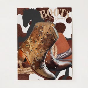 May include: An image featuring a pair of cowboy boots with intricate designs and embellishments, alongside a brown cowboy hat. The boots are a light brown color with decorative patterns and rhinestones. The background includes a horse silhouette and the text "BOOTS On the Ground".