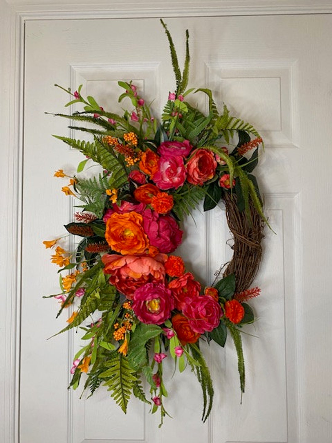 Hot Pink and Orange Wreath, Grapevine Wreath, Tropical Wreath,summer Beauty,front Door Design