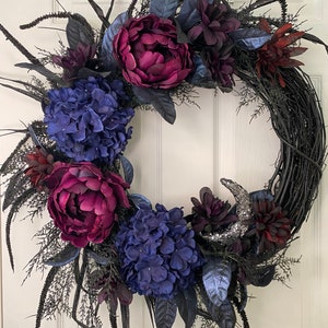 Spooky Wreath, Halloween Wreath, Navy and Burgundy Grapevine Wreath, Black Halloween Wreath, Creepy Wreath, Moon Accent