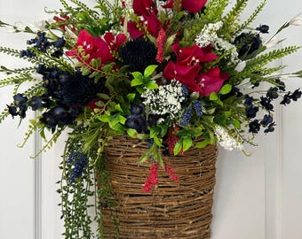 Patriotic Floral Basket,Memorial Day Decor,4th of July Wreath,Veteran’s Day Door Basket,250 Year Celebration,Patriotic Celebration,USA