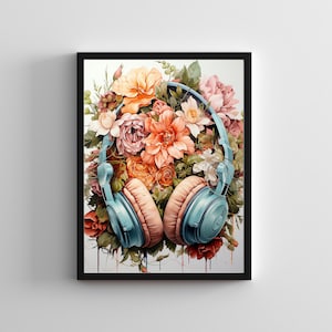 Puede incluir: Un par de auriculares azules con un diseño floral. Los auriculares están rodeados de flores rosas, naranjas y amarillas. Las flores están pintadas en un estilo realista.