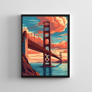 Golden Gate Bridge Digital Descargar cartel imprimible --- Archivo PNG -- Área de la Bahía, SF, Retro, Ilustrativo, Decoración de oficina, Gráfico, Arte de pared