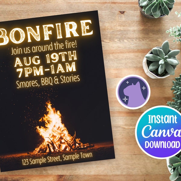 Glowing Bonfire Invite Flyer, Customizable, Personalizable, Canva Template, Instant Digital Download, Edit & Print on Demand