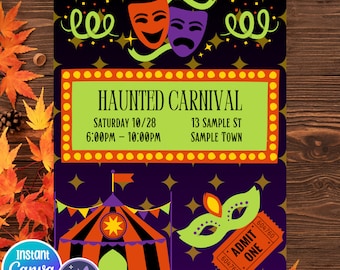 May include: A printable invitation for a haunted carnival. The invitation features a green and yellow marquee with the text "Haunted Carnival" and details about the event. The invitation also features a green and orange striped tent, a green mask, and two masks, one smiling and one frowning.