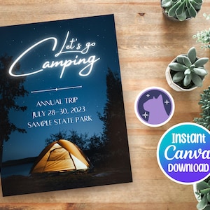 Invitation Let&#39;s Go Camping, personnalisable, personnalisable, modèle canva, téléchargement numérique instantané, modification et impression à la demande