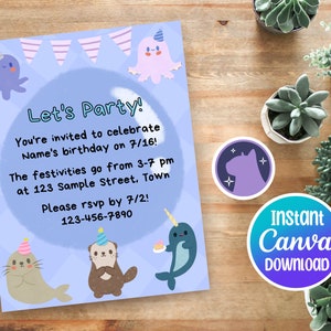 Sea Creature Birthday Invite (Blue), Customizable, Personalizable, Canva Template, Instant Digital Download, Edit & Print on Demand