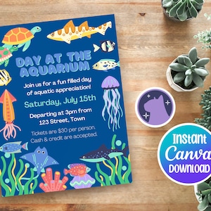 Aquarium Trip Aquatic Invite, Customizable, Personalizable, Canva Template, Instant Digital Download, Edit & Print on Demand
