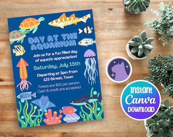 Aquarium Trip Aquatic Invite, Customizable, Personalizable, Canva Template, Instant Digital Download, Edit & Print on Demand