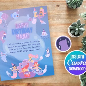 Mermaid Birthday Party Invite, Customizable, Personalizable, Canva Template, Instant Digital Download, Edit & Print on Demand