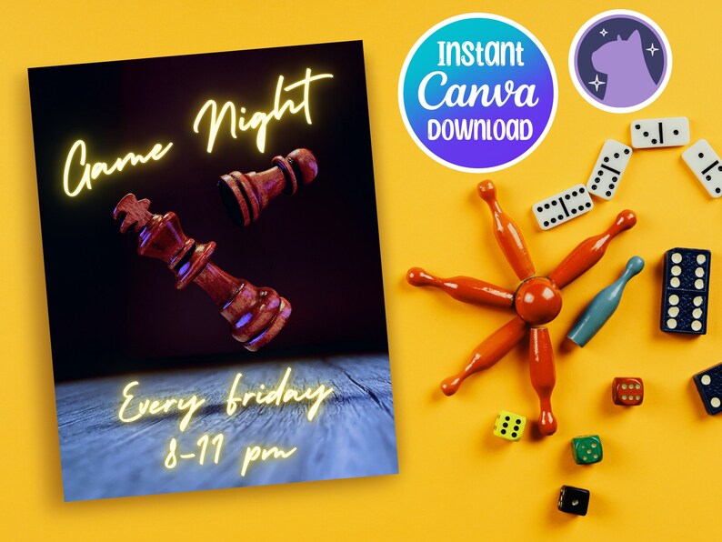 May include: A printable game night invitation with a black background and neon yellow text that reads "Game Night" and "Every Friday 8-11 pm". The image also features a fallen chess king and pawn. The background is surrounded by a yellow surface with various game pieces, including dominoes, dice, and a wooden game.