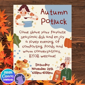 Invitation de repas-partage d&#39;automne, personnalisable, personnalisable, modèle canva, téléchargement numérique instantané, modification et impression à la demande
