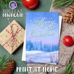Snowy Woods traditionele oprechte kerstkaart - afdrukbare kerstkaart, afdrukken vanuit huis, afdrukken en vouwen, Letter-formaat, geen snijden vereist