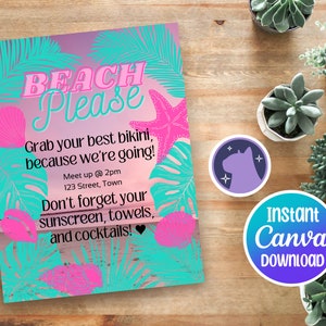 Beach Please Summer Invite, Customizable, Personalizable, Canva Template, Instant Digital Download, Edit & Print on Demand