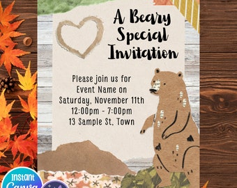 Peut inclure: Une illustration d'un ours brun avec une forme de cœur sur un fond beige. Le texte indique "A Beary Special Invitation" et comprend les détails d'un événement le samedi 11 novembre de 12h00 à 19h00 au 13 Sample St, Town.