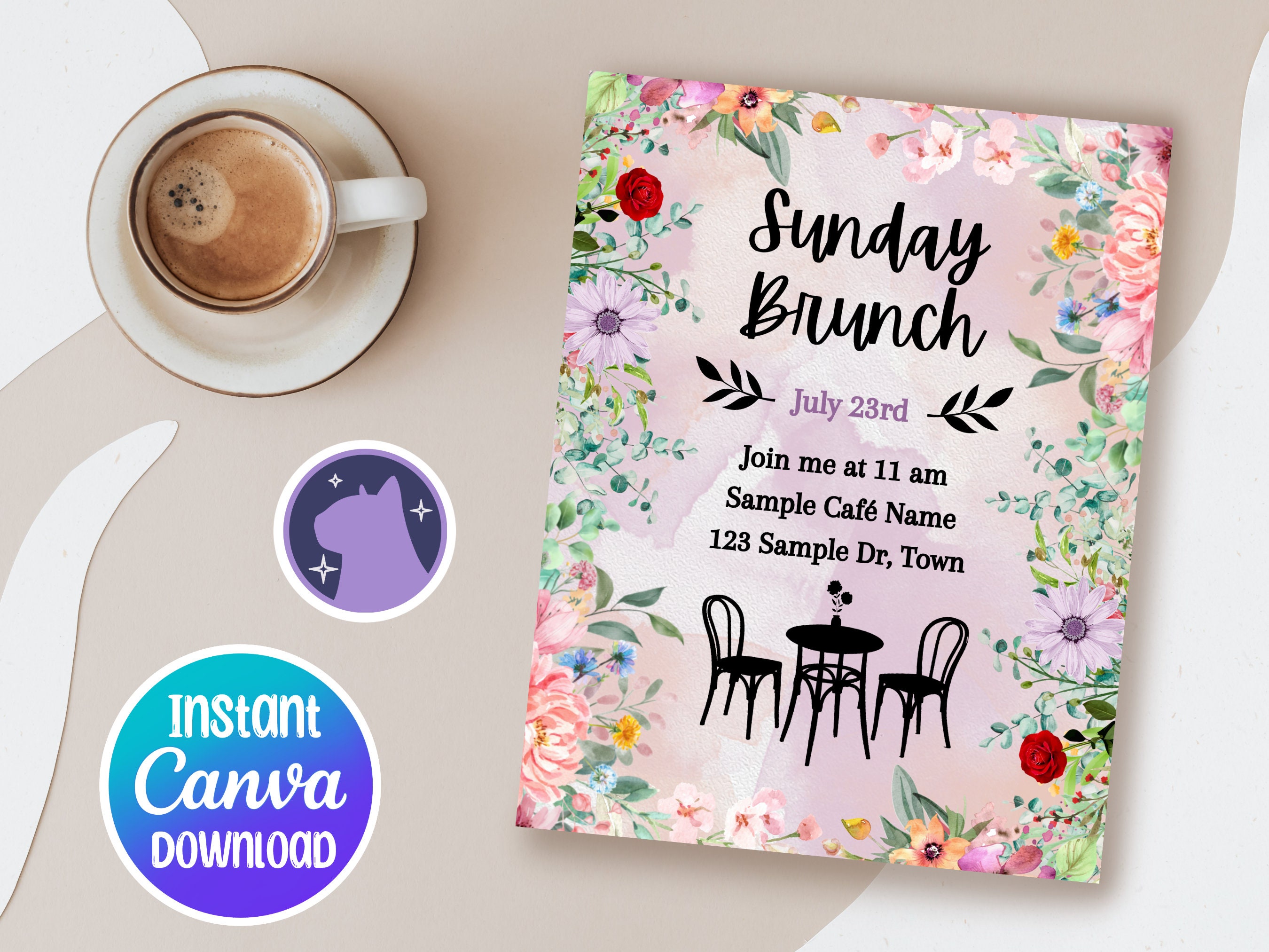 Floral Brunch Cafe Invitation Template, Event Invite, Instant ...
