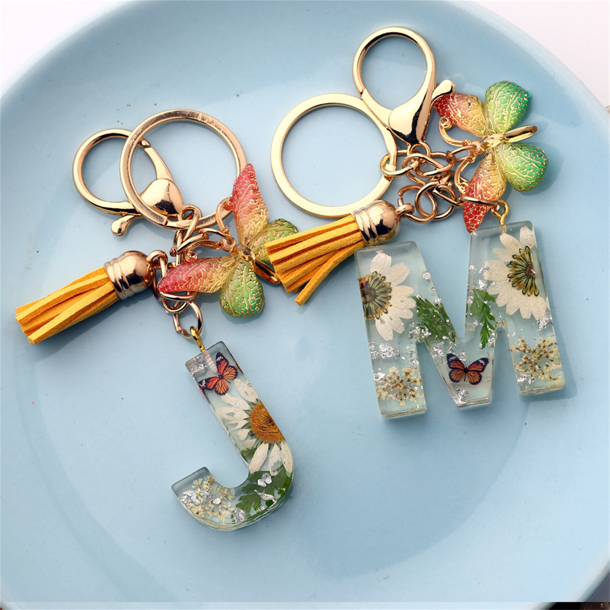 Epoxy Dried Flower Keychainresin English Alphabet Epoxy Etsy