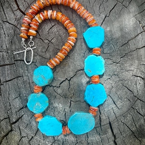 Gorgeous Orange Spiny Oyster and Kingman Turquoise Necklace with Toggle Clasp