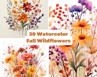 Fall Watercolor Wildflowers Clipart - 30 images autumn meadow flowers clip art wedding nursery floral digital art - instant download