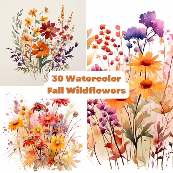 Fall Watercolor Wildflowers Clipart - 30 images autumn meadow flowers clip art wedding nursery floral digital art - instant download