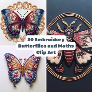 Embroidery Style Butterfly and Moth Clipart - 30 images butterflies moths nursery wedding clip art PNG digital download commercial use